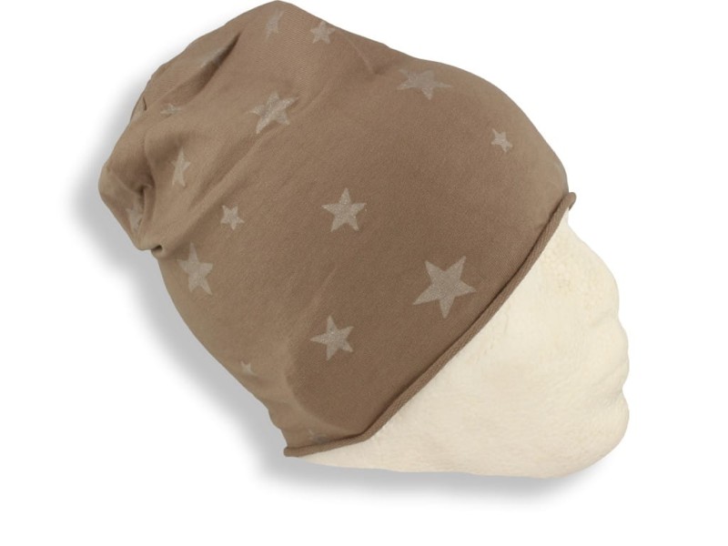 Czapka damska Beanie włoska cienka smerfetka beżowa w gwiazdki