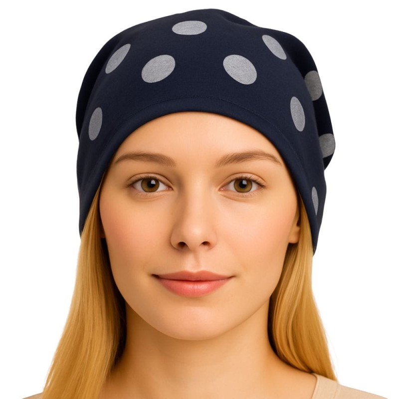 Czapka damska Beanie włoska cienka smerfetka granatowa w grochy