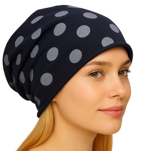 Czapka damska Beanie włoska cienka smerfetka granatowa w grochy