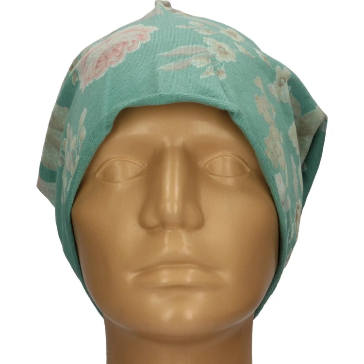Czapka damska Beanie włoska cienka smerfetka miętowa w kolorowe kwiaty