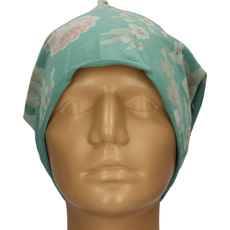 Czapka damska Beanie włoska cienka smerfetka miętowa w kolorowe kwiaty