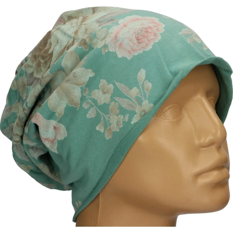 Czapka damska Beanie włoska cienka smerfetka miętowa w kolorowe kwiaty