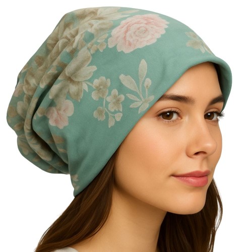 Czapka damska Beanie włoska cienka smerfetka miętowa w kolorowe kwiaty