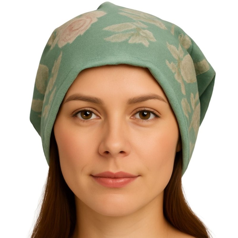 Czapka damska Beanie włoska cienka smerfetka miętowa w kolorowe kwiaty