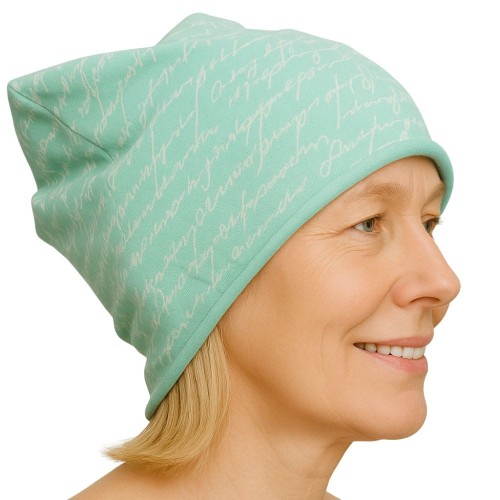 Czapka damska Beanie włoska cienka smerfetka miętowa w napisy