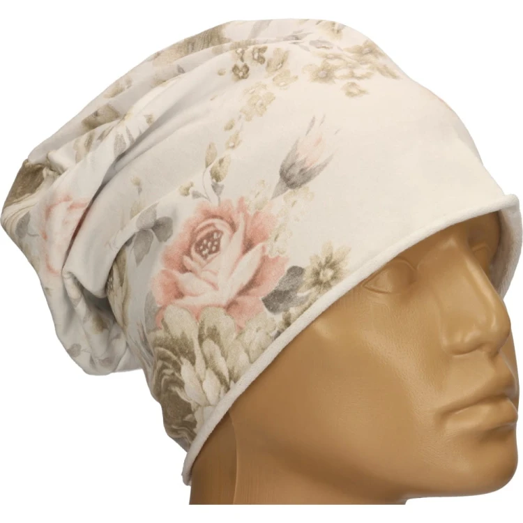 Czapka damska Beanie włoska cienka smerfetka biała kwiatowa
