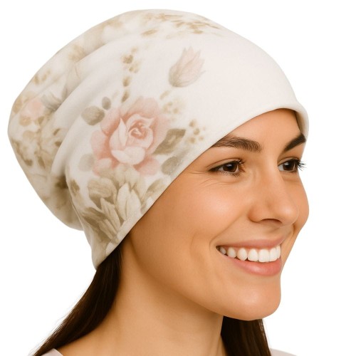 Czapka damska Beanie włoska cienka smerfetka biała kwiatowa