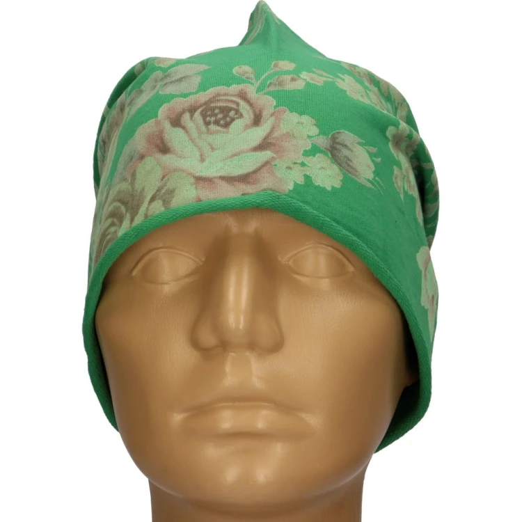 Czapka damska Beanie włoska cienka smerfetka zielona w kwiaty