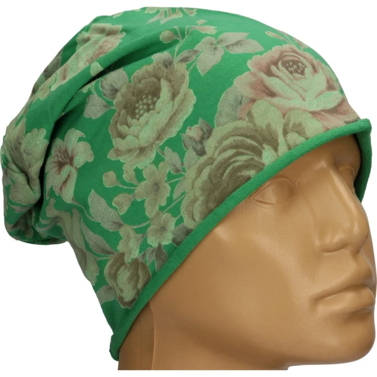 Czapka damska Beanie włoska cienka smerfetka zielona w kwiaty
