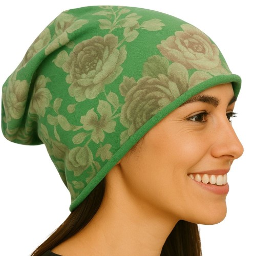 Czapka damska Beanie włoska cienka smerfetka zielona w kwiaty