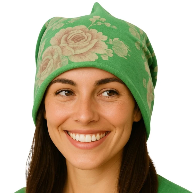 Czapka damska Beanie włoska cienka smerfetka zielona w kwiaty