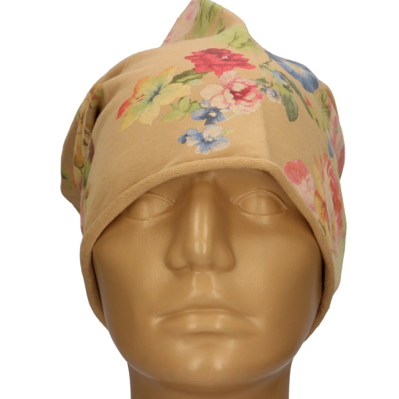 Czapka damska Beanie włoska cienka smerfetka beżowa w kwiaty