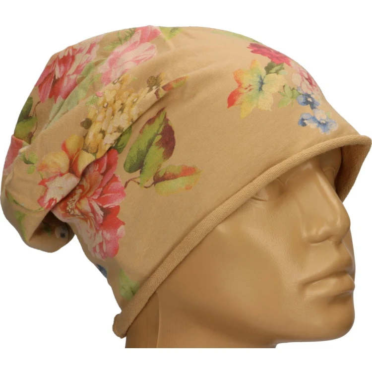 Czapka damska Beanie włoska cienka smerfetka beżowa w kwiaty