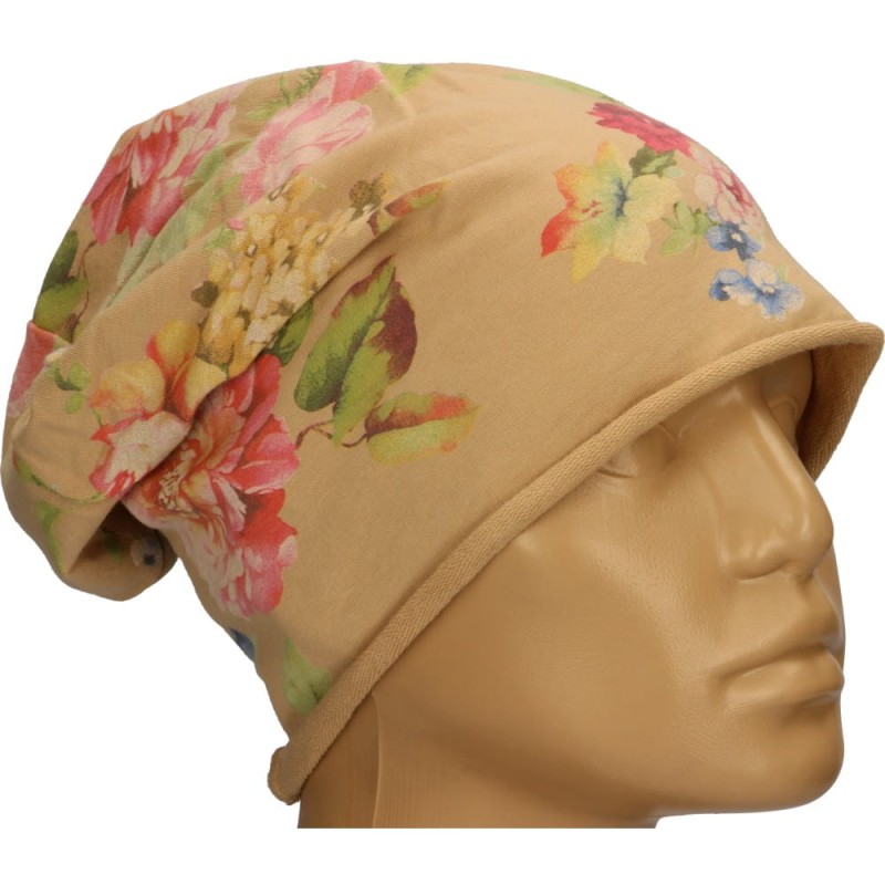 Czapka damska Beanie włoska cienka smerfetka beżowa w kwiaty