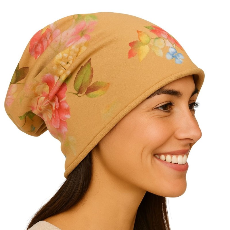Czapka damska Beanie włoska cienka smerfetka beżowa w kwiaty