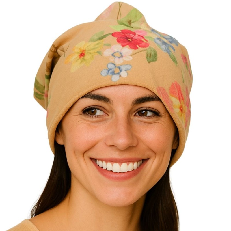 Czapka damska Beanie włoska cienka smerfetka beżowa w kwiaty