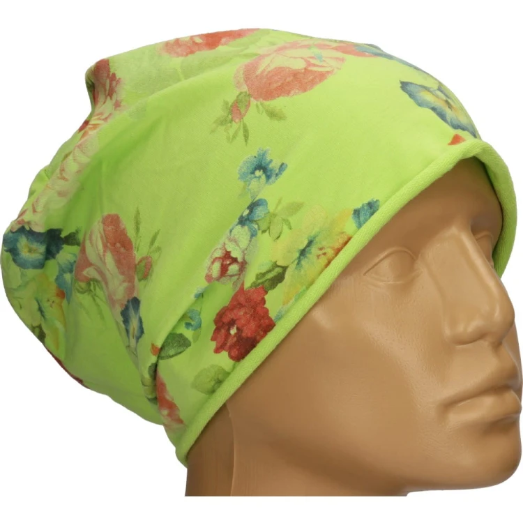 Czapka damska Beanie włoska cienka smerfetka jasnozielona kwiatowa