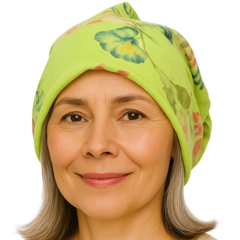 Czapka damska Beanie włoska cienka smerfetka jasnozielona kwiatowa