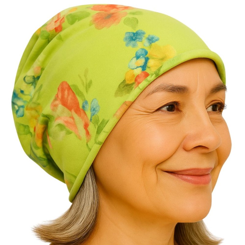 Czapka damska Beanie włoska cienka smerfetka jasnozielona kwiatowa