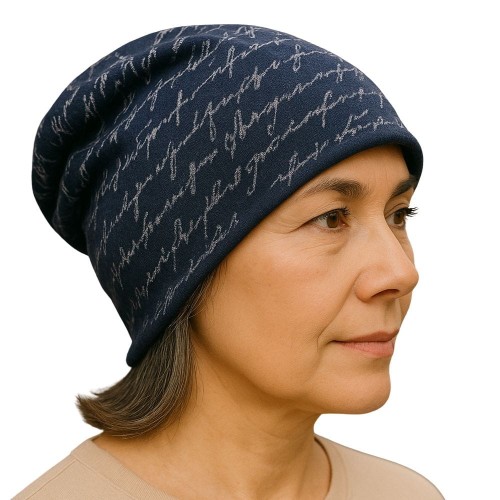 Czapka damska Beanie włoska cienka smerfetka granatowa w napisy