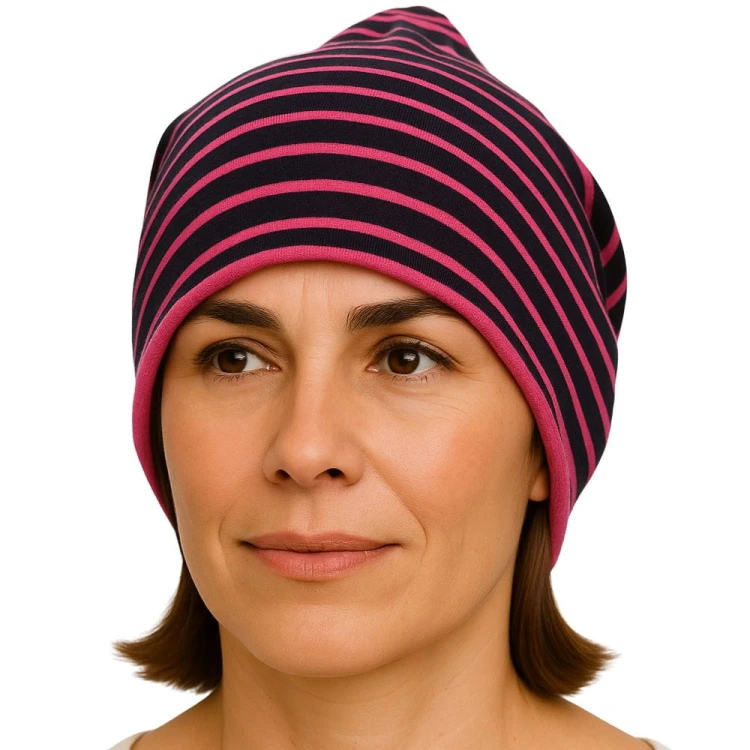 Czapka damska Beanie włoska cienka smerfetka różowa w granatowe paski
