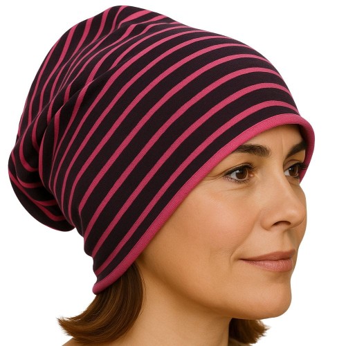 Czapka damska Beanie włoska cienka smerfetka różowa w granatowe paski