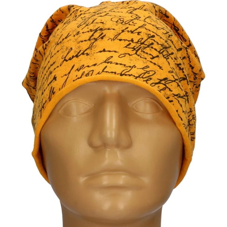 Czapka damska Beanie włoska cienka smerfetka pomarańczowa w granatowe napisy