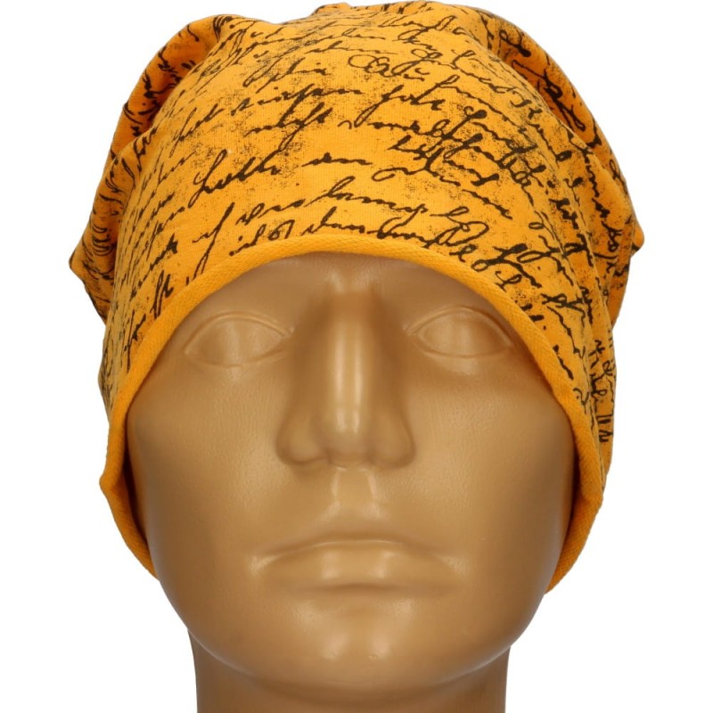 Czapka damska Beanie włoska cienka smerfetka pomarańczowa w granatowe napisy