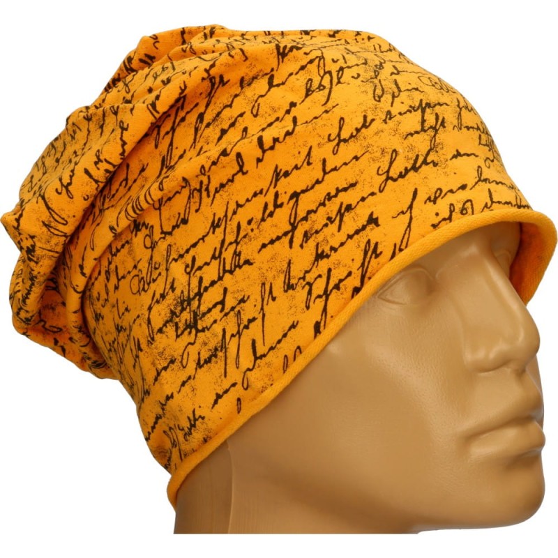 Czapka damska Beanie włoska cienka smerfetka pomarańczowa w granatowe napisy