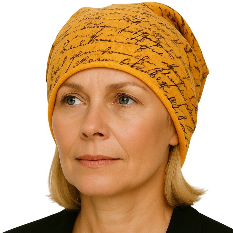Czapka damska Beanie włoska cienka smerfetka pomarańczowa w granatowe napisy