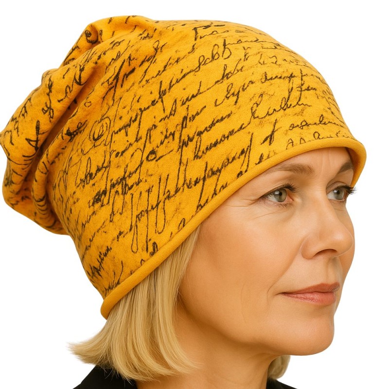 Czapka damska Beanie włoska cienka smerfetka pomarańczowa w granatowe napisy