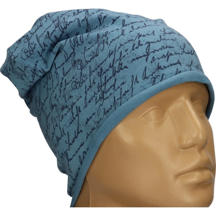 Czapka damska Beanie włoska cienka smerfetka niebieska w granatowe napisy