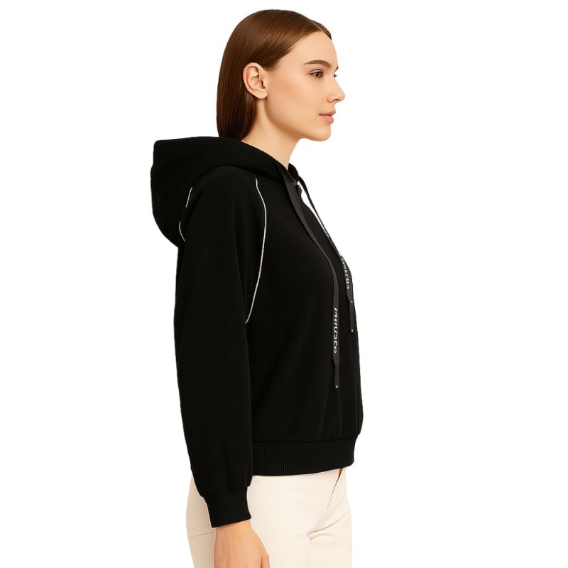 Bluza damska czarna z kapturem i srebrną lamówką