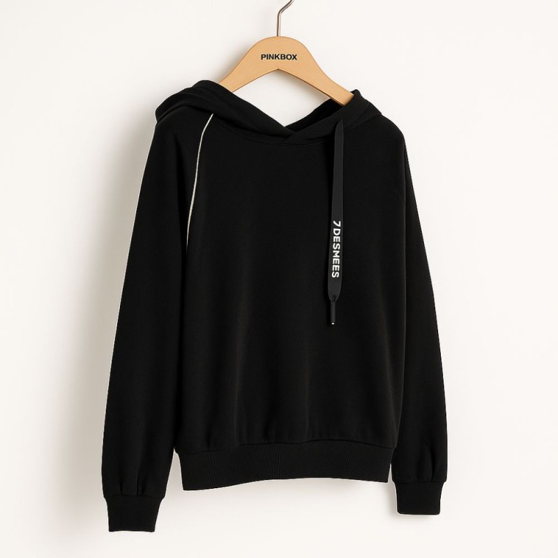 Bluza damska czarna z kapturem i srebrną lamówką