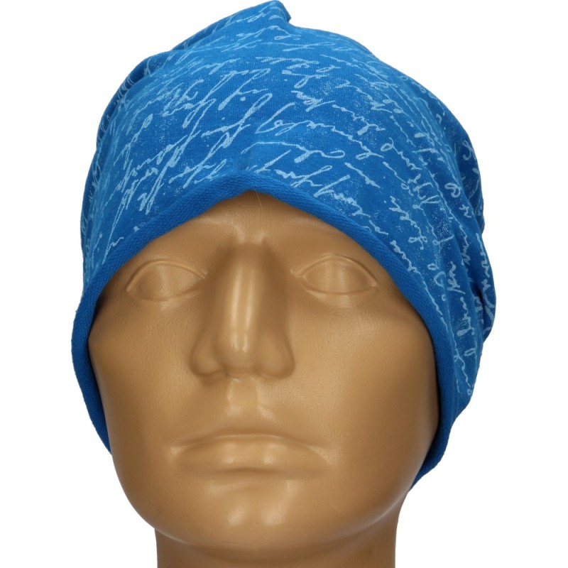 Czapka damska Beanie włoska cienka smerfetka jasnoniebieska w białe napisy
