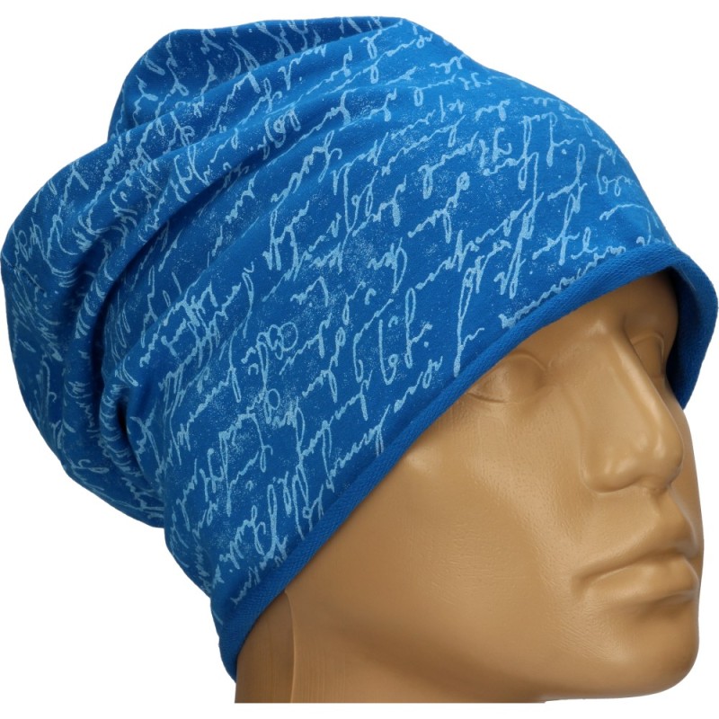 Czapka damska Beanie włoska cienka smerfetka jasnoniebieska w białe napisy