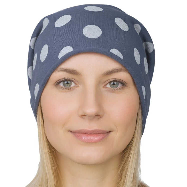 Czapka damska Beanie włoska cienka smerfetka niebieska w białe grochy