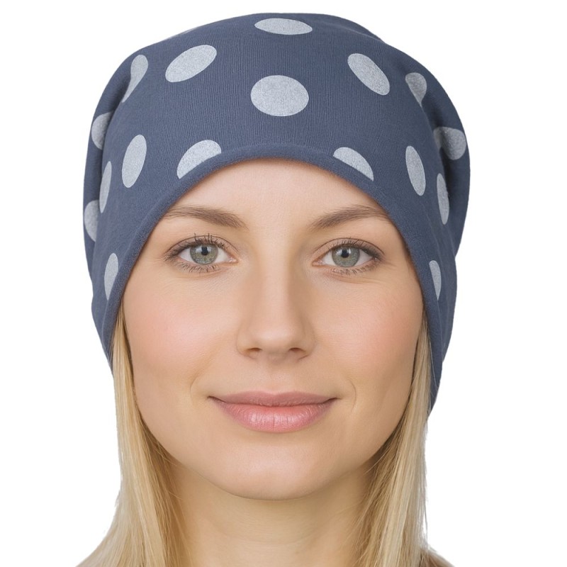 Czapka damska Beanie włoska cienka smerfetka niebieska w białe grochy