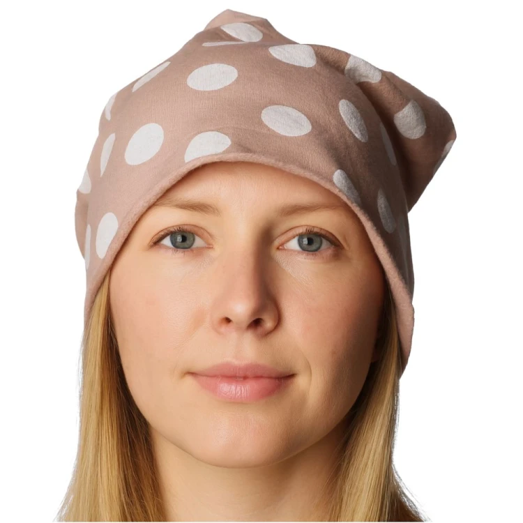 Czapka damska Beanie włoska cienka smerfetka brudny róż w białe grochy
