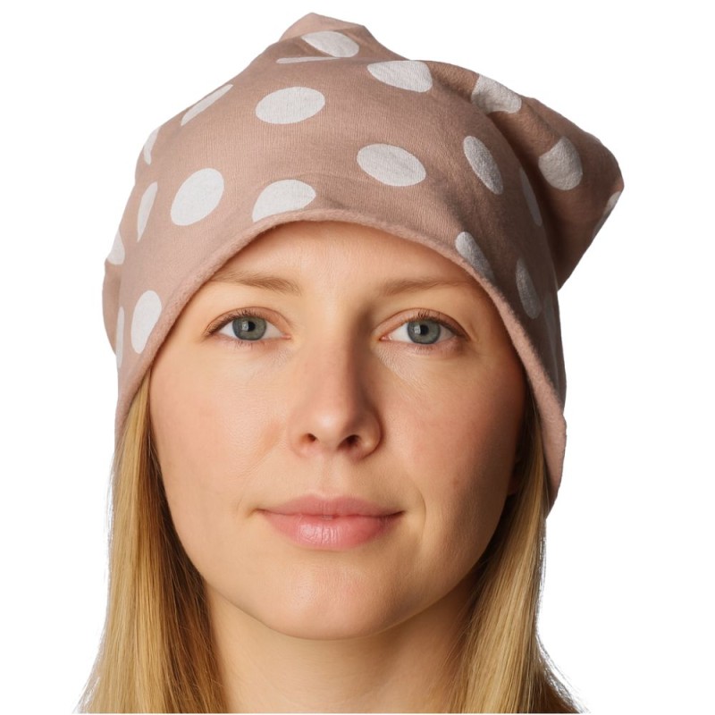 Czapka damska Beanie włoska cienka smerfetka brudny róż w białe grochy