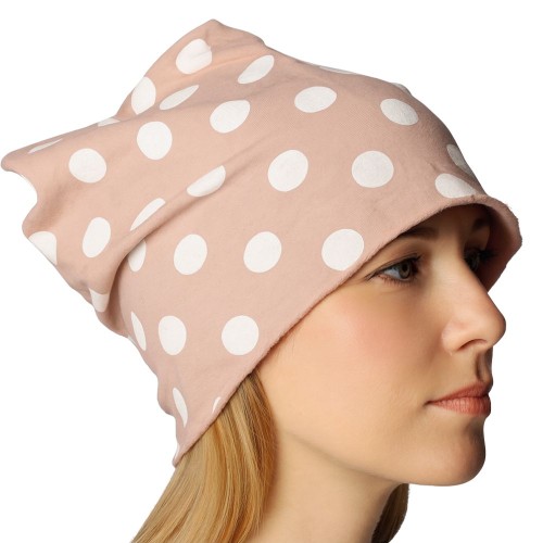 Czapka damska Beanie włoska cienka smerfetka brudny róż w białe grochy
