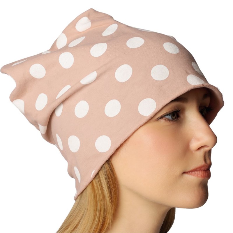 Czapka damska Beanie włoska cienka smerfetka brudny róż w białe grochy