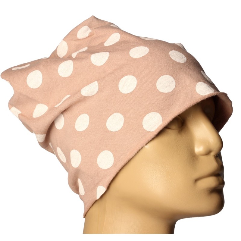 Czapka damska Beanie włoska cienka smerfetka brudny róż w białe grochy