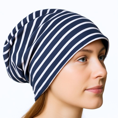 Czapka damska Beanie włoska cienka smerfetka granatowa w białe paski