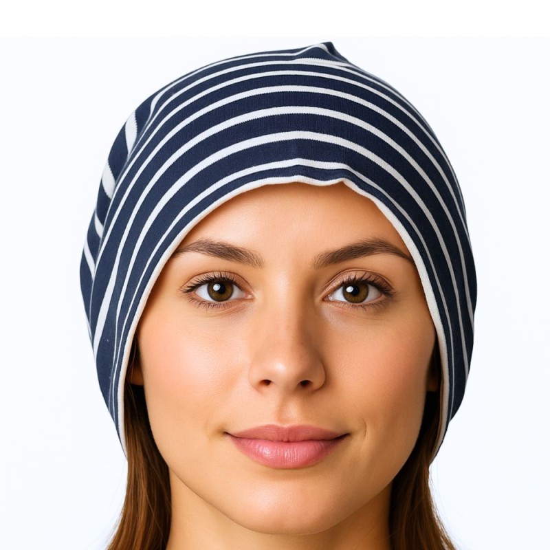 Czapka damska Beanie włoska cienka smerfetka granatowa w białe paski