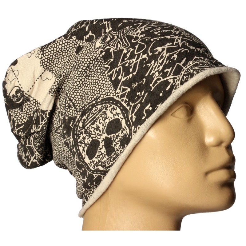 Czapka damska Beanie włoska cienka smerfetka beżowa w czarne wzory