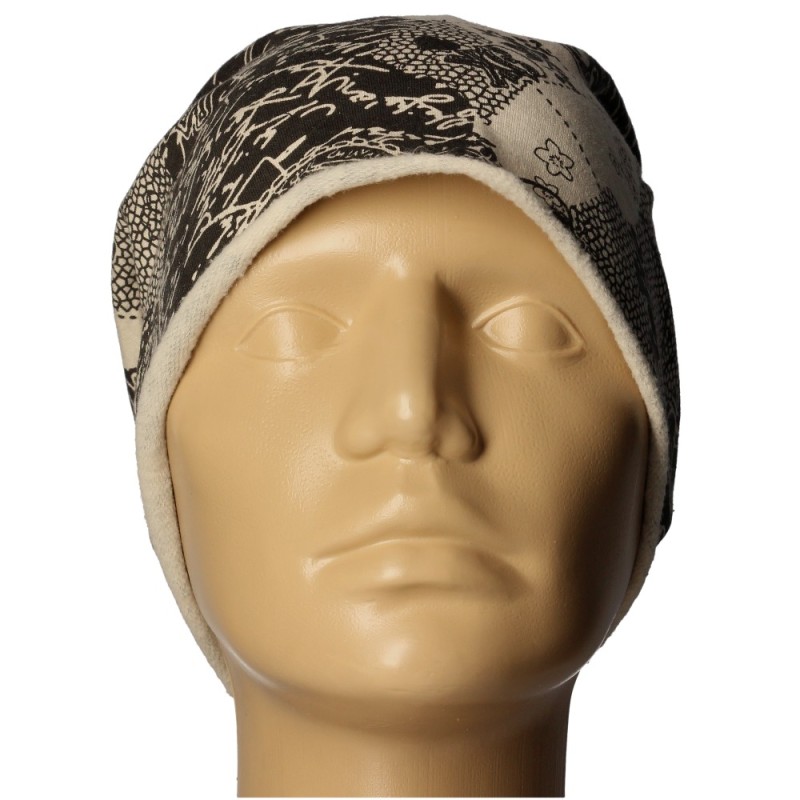 Czapka damska Beanie włoska cienka smerfetka beżowa w czarne wzory