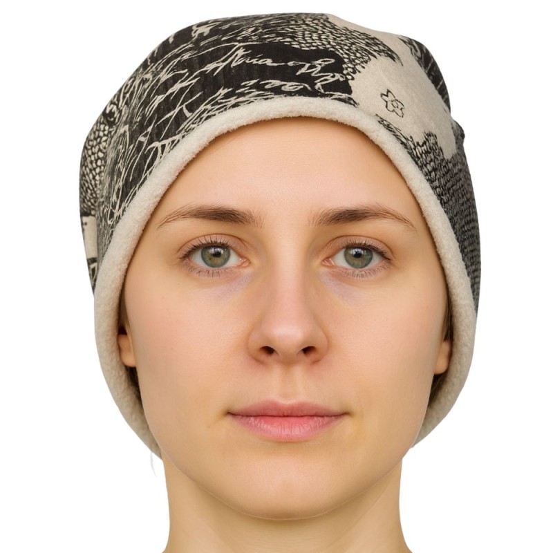 Czapka damska Beanie włoska cienka smerfetka beżowa w czarne wzory