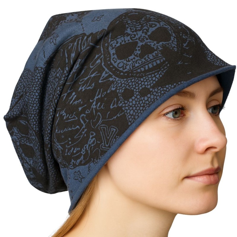Czapka damska Beanie włoska cienka smerfetka niebieska w czarne wzory