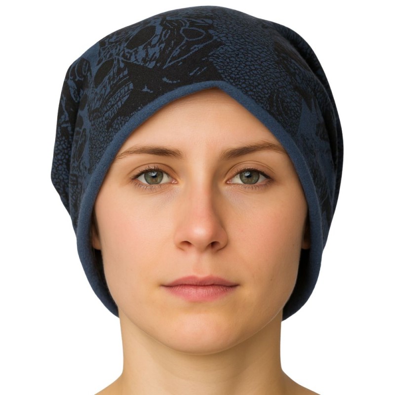 Czapka damska Beanie włoska cienka smerfetka niebieska w czarne wzory